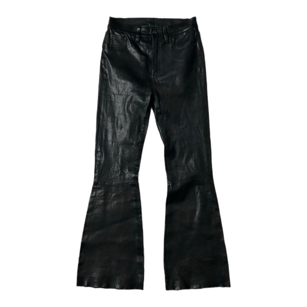 Rag & Bone 100% Lamb Leather High Rise Flare Bell Bottom Raw Hem Pants Black 27 - Picture 2 of 7